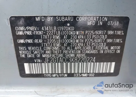 2019 Subaru Crosstrek 2.0I Premium from USA, damaged, VIN JF2GTACC3K8220224